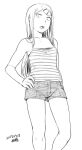  1girl breasts dagashi_kashi dated ear_piercing endou_saya greyscale hair_ornament hairclip long_hair looking_at_viewer monochrome open_mouth piercing sanpaku shorts signature simple_background solo striped tank_top tsukudani_(coke-buta) white_background 