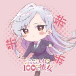  1girl blush_stickers breasts brown_eyes chibi collared_shirt copyright_name dress_shirt eiai_nano foreshortening green_necktie grey_hair heart heart-shaped_pupils jacket kimi_no_koto_ga_dai_dai_dai_dai_daisuki_na_100-nin_no_kanojo large_breasts long_hair long_sleeves looking_at_viewer necktie no_nose official_art parted_bangs parted_lips pink_background shirt skirt solo standing standing_on_one_leg symbol-shaped_pupils white_shirt 