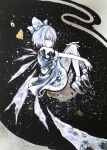  1girl blue_dress calligraphy_brush cirno dress ikeda_ruriko looking_to_the_side mary_janes medium_hair paintbrush painting_(medium) shoes solo touhou traditional_media wings 