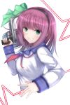  1girl \||/ angel_beats! black_hairband blue_sailor_collar blunt_bangs blush bow commentary commission eyelashes eyes_visible_through_hair fingernails floating_hair from_side green_bow green_eyes grin gun hair_bow hairband hand_up handgun highres holding holding_gun holding_weapon long_sleeves looking_at_viewer medium_hair nakamura_yuri neckerchief nodoameyatou pink_neckerchief purple_hair sailor_collar shinda_sekai_sensen_uniform shirt simple_background smile solo straight_hair upper_body weapon white_background white_shirt 