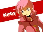  1boy blue_eyes blunt_bangs character_name closed_mouth coat collared_coat commentary_request frown hand_on_own_hip high_collar humanization kirby kirby_(series) long_sleeves looking_to_the_side pink_coat pink_hair red_background red_trim shirushiki short_hair solo two-tone_background upper_body white_background 
