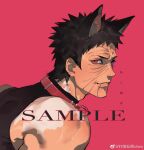  1boy absurdres animal_collar animal_ears artist_request black_hair cat_ears collar from_side highres kemonomimi_mode looking_at_viewer looking_to_the_side male_focus naruto_(series) naruto_shippuuden red_background red_eyes sample_watermark scar scar_on_face sharingan short_hair sleeveless smile solo spiky_hair uchiha_obito 