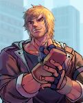  1boy absurdres beefussop12 clenched_hand goatee_stubble highres jacket ken_masters looking_to_the_side male_focus mature_male muscular muscular_male short_hair solo street_fighter street_fighter_6 thick_eyebrows upper_body 