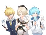  3boys 3girls ahoge alternate_costume animal_bag arlecchino_(genshin_impact) backpack bag beret black_bow black_bowtie black_hair black_hairband black_headwear blonde_hair blue_eyes blue_hair blue_jacket blunt_bangs bow bowtie buttons cellphone chongyun_(genshin_impact) collared_shirt colored_eyelashes commentary drawstring english_commentary eula_(genshin_impact) eyelashes food freckles freminet_(genshin_impact) genshin_impact hair_between_eyes hair_over_one_eye hairband hand_up hands_up hat highres holding holding_food holding_phone holding_popsicle hood hood_down hoodie jacket lapels long_sleeves looking_at_another looking_at_viewer looking_to_the_side male_focus mika_(genshin_impact) multicolored_hair multiple_boys multiple_girls necktie one_eye_covered open_mouth orenjineko14 parted_bangs pers_(genshin_impact) phone popsicle raised_eyebrows shenhe_(genshin_impact) shirt short_hair sidelocks simple_background sleeves_rolled_up smartphone speech_bubble spoken_character streaked_hair upper_body v-shaped_eyebrows violet_eyes wavy_mouth white_background white_hair white_hoodie white_shirt wing_collar yellow_necktie 