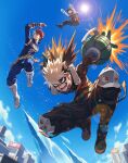  3boys alternate_eye_color arm_up backlighting baggy_pants bakugou_katsuki belt_pouch billboard black_eyes black_mask black_pants blonde_hair blue_eyes blue_sky blurry blurry_background bodysuit boku_no_hero_academia boots burn_scar cameo chromatic_aberration city closed_mouth clouds colored_shoe_soles combat_boots commentary day explosion explosive eye_mask floating_hair flying freckles from_below frontbend frown full_body gloves green_bodysuit green_gloves green_hair grenade grey_eyes hair_between_eyes hands_up heterochromia high_collar highres ice jumping knee_boots knees_up leaning_forward lens_flare light looking_ahead male_focus midoriya_izuku multicolored_hair multiple_boys nezu_(boku_no_hero_academia) no_pupils open_mouth outdoors outstretched_legs pants pose_request pouch red_eyes redhead sanpaku scar scar_on_face shoe_soles short_hair single_horizontal_stripe sky sleeves_past_elbows smile snap-fit_buckle spiky_hair split-color_hair sun sunlight todoroki_shouto two-tone_hair v-shaped_eyebrows vambraces water_tank white_footwear white_gloves white_hair zinnkousai3850 