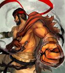  1boy absurdres beard beefussop12 black_hair clenched_hand clenched_teeth dougi facial_hair forked_eyebrows headband highres looking_to_the_side male_focus midriff_sarashi muscular muscular_male mustache official_alternate_costume pectorals perspective red_headband ryu_(street_fighter) sarashi sash short_hair solo street_fighter street_fighter_6 teeth thick_eyebrows 