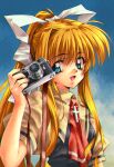  1990s_(style) 1girl :d absurdres air_(visual_novel) arm_at_side black_dress blonde_hair blue_eyes blue_sky camera commentary cross day dress eyelashes fingernails hair_between_eyes hair_ribbon hand_up highres holding holding_camera kamio_misuzu light_blush long_hair longmei_er_de_tuzi looking_at_viewer necktie open_mouth outdoors ponytail puffy_short_sleeves puffy_sleeves red_necktie retro_artstyle ribbon school_uniform shirt short_sleeves sidelocks single_hair_intake sky smile solo straight_hair symbol-only_commentary upper_body very_long_hair white_ribbon yellow_shirt 