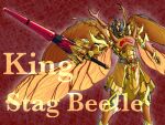 1boy armor asymmetrical_wings body_armor breastplate full_armor gauntlets gira_(ohsama_sentai_king-ohger) gloves gold gold_armor gold_gloves helmet highres hip_armor holding holding_sword holding_weapon insect_wings king_kuwagata_ohger knight lance large_wings male_focus multiple_wings ohger_crownlance ohgercrown ohgerlance ohsama_sentai_king-ohger pauldrons polearm shield shoulder_armor solo stag_beetle super_sentai sword tokusatsu weapon wings yamanaka_man