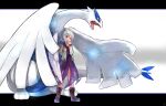  1girl arm_behind_back boots brown_footwear covering_mouth dress feathered_wings full_body grey_background grey_hair head_tilt highres jacket kishin_sagume letterboxed long_sleeves looking_at_viewer lugia medium_hair niseneko_(mofumofu_ga_ienai) open_mouth pokemon pokemon_(creature) purple_dress red_eyes simple_background single_wing standing touhou white_background wings 
