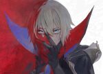  1boy armor artist_name black_cape black_shirt blonde_hair blue_cape blue_eyes cape covering_mouth dainsleif_(genshin_impact) genshin_impact hair_between_eyes hand_on_own_face hand_up highres kaimochi0839 long_sleeves looking_at_viewer male_focus red_background shirt short_hair shoulder_armor solo star-shaped_pupils star_(symbol) sweatdrop symbol-shaped_pupils two-sided_cape two-sided_fabric upper_body v-shaped_eyebrows white_background 
