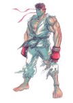  1boy bare_pectorals barefoot bingoman black_hair boxing_gloves expressionless facing_ahead forked_eyebrows full_body headband highres male_focus muscular muscular_male pectorals red_headband ryu_(street_fighter) short_hair sketch solo street_fighter thick_eyebrows wind 