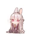  ... 1girl absurdres animal_ears black_ribbon blunt_bangs boots braid chibi collared_shirt danganronpa:_trigger_happy_havoc danganronpa_(series) frown grey_hair hair_ribbon highres kirigiri_kyoko long_hair long_sleeves pink_eyes rabbit_ears rabbit_girl ribbon rucha_(dokkanhanabi) shirt side_braid simple_background sitting solo white_background 