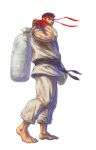  1boy barefoot bingoman black_hair carrying_over_shoulder dougi forked_eyebrows full_body headband looking_to_the_side male_focus muscular muscular_male red_headband ryu_(street_fighter) short_hair solo street_fighter thick_eyebrows walking 