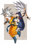  2boys blue_footwear boots border brown_background character_request clenched_hands dragon_ball full_body highres jumpsuit kakeru_(dbskakeru) looking_at_viewer multiple_boys orange_jumpsuit purple_jumpsuit simple_background sleeveless spiky_hair toriyama_akira_(style) white_border white_hair wristband 