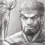  2boys beard character_request facial_hair forked_eyebrows frown graphite_(medium) greyscale headband kuroneco male_focus monochrome multiple_boys muscular muscular_male mustache ryu_(street_fighter) serious short_hair solo_focus street_fighter thick_eyebrows thick_neck traditional_media 