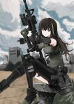  absurdres assault_rifle asymmetrical_legwear belt black_footwear blue_sky brown_eyes brown_hair building clouds commentary_request detached_sleeves foot_out_of_frame full_body girls_frontline gloves green_hair green_sweater gun hair_between_eyes highres holding holding_weapon long_hair looking_at_viewer m4_carbine m4a1_(girls&#039;_frontline) m4a1_(mod3)_(girls&#039;_frontline) magazine_(weapon) multicolored_hair nisoichi outdoors pouch rifle sitting sky sleeveless sleeveless_sweater smile streaked_hair sweater twitter_username vertical_foregrip weapon 