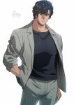  1boy absurdres black_eyes black_hair black_shirt city_hunter closed_mouth collarbone grey_jacket grey_pants hand_in_pocket highres jacket large_pectorals looking_at_viewer male_focus pants pectorals saeba_ryou shirt short_hair signature simple_background solo striped striped_jacket striped_pants twitter_username vertical-striped_jacket vertical-striped_pants vertical_stripes white_background yuu_(masarunomori) 
