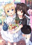  2girls :d animal_ears backpack bag bendy_straw black_hair blonde_hair blue_eyes blue_shorts blurry blurry_background blush bow brown_eyes bubble_tea cat_ears cat_girl cat_tail collarbone collared_dress commentary_request crepe cup cutoffs day depth_of_field disposable_cup double_bun dress drinking_straw food food_truck frilled_shirt_collar frills garter_straps hair_between_eyes hair_bow hair_bun highres holding holding_cup holding_food irori mole mole_under_eye multiple_girls original outdoors puffy_short_sleeves puffy_sleeves short_shorts short_sleeves shorts smile tail thigh-highs twintails white_bow white_dress white_thighhighs 