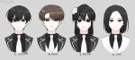  2boys 2girls absurdres black_eyes black_hair black_shirt brown_eyes brown_hair character_name character_request closed_mouth collared_shirt commentary_request ex_rank_supporting_role&#039;s_replay_in_a_prestigious_school flower gaga_mgr grey_background hair_flower hair_ornament highres jo_uisin korean_commentary korean_text long_hair looking_at_viewer multiple_boys multiple_girls necktie school_uniform shirt short_hair simple_background smile translation_request white_flower white_necktie 