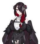  1girl black_hair black_wings braid colored_inner_hair dasdokter demon_horns feathered_wings highres hololive hololive_english horns long_hair looking_at_viewer mamarissa mature_female mole mole_under_eye multicolored_hair multiple_girls red_eyes side_braid smile two-tone_hair virtual_youtuber wings wrinkled_skin 