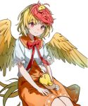  1girl animal animal_on_head bird bird_on_head bird_wings blonde_hair blush breasts closed_mouth dress feathered_wings highres maisuiren multicolored_hair niwatari_kutaka on_head orange_dress red_eyes redhead shirt short_hair short_sleeves simple_background small_breasts smile solo touhou two-tone_hair white_background white_shirt wings yellow_wings 