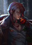  1boy bakamitaii blood blood_on_clothes blurry blurry_background brown_hair cleavage_cutout clothing_cutout diluc_(genshin_impact) ear_piercing genshin_impact hair_over_one_eye highres long_hair making-of_available male_focus mouth_hold pectoral_cleavage pectorals piercing rain red_eyes smoking solo upper_body wet 