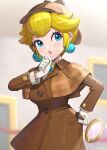  1girl blonde_hair blue_eyes blurry blurry_background brooch brown_coat coat deerstalker depth_of_field detective_peach earrings gloves gonzarez hand_on_own_chin hat highres holding holding_magnifying_glass indoors jacket jewelry looking_to_the_side looking_up magnifying_glass official_alternate_costume official_alternate_hairstyle princess_peach princess_peach:_showtime! short_hair solo sphere_earrings super_mario_bros. white_gloves 