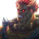  1boy akuma_(street_fighter) angry beads bingoman blank_eyes clenched_teeth dark-skinned_male dark_skin dougi male_focus pectorals portrait prayer_beads red_eyes redhead short_hair solo street_fighter teeth 