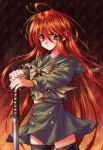  1990s_(style) 1girl absurdres ahoge alastor_(shakugan_no_shana) black_thighhighs bow closed_mouth commentary_request cowboy_shot eyelashes eyes_visible_through_hair fingernails floating_clothes floating_hair gradient_background green_sailor_collar green_shirt green_skirt hair_between_eyes highres holding holding_sword holding_weapon jewelry katana light_blush long_hair long_sleeves longmei_er_de_tuzi looking_at_viewer miniskirt necklace red_background red_eyes redhead retro_artstyle sailor_collar school_uniform serafuku serious shakugan_no_shana shana shirt sidelocks simple_background skirt solo standing sword thigh-highs v-shaped_eyebrows very_long_hair weapon yellow_bow zettai_ryouiki 