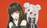  2020 2girls alternate_hairstyle black_capelet blush brown_eyes brown_hair capelet chinese_commentary closed_mouth commentary_request dark_skin double_bun elisa_(girls&#039;_frontline) facial_mark forehead_mark girls_frontline green_hair green_sweater hair_bun hair_ornament highres long_hair looking_at_viewer m4a1_(girls&#039;_frontline) m4a1_(mod3)_(girls&#039;_frontline) mask multicolored_hair multiple_girls open_mouth orange_background parted_bangs re_dmoon sangvis_ferri skull_mask sleeveless sleeveless_sweater smile streaked_hair sweater teeth upper_body upper_teeth_only v v_over_mouth white_hair 