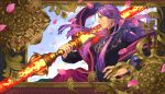  1boy black_shirt border duryodhana_(fate) earrings facial_hair fate/grand_order fate_(series) goatee highres jewelry long_hair lotus_temple male_focus over_shoulder petals purple_hair shirt violet_eyes weapon weapon_over_shoulder 