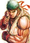  1boy black_hair boxing_gloves clenched_hands dougi fighting_stance forked_eyebrows headband kuroneco looking_at_viewer male_focus muscular muscular_male pectorals red_headband ryu_(street_fighter) short_hair sketch smile solo street_fighter thick_eyebrows 