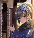  1girl absurdres black_scarf blue_archive blurry braid commentary_request depth_of_field floral_print_kimono flower from_side fur_scarf gekhuay grey_hair hair_between_eyes hair_bun hair_flower hair_ornament halo haruna_(blue_archive) haruna_(new_year)_(blue_archive) head_tilt highres japanese_clothes kimono long_hair long_sleeves looking_at_viewer looking_to_the_side official_alternate_costume official_alternate_hairstyle outdoors praying red_eyes rope scarf shimenawa shrine sidelocks single_braid single_hair_bun smile solo wide_sleeves 