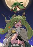  1girl backpack bag bandaged_arm bandages black_shirt cape cropped_shirt double_bun dragon flygon fujinoki_(horonabe-ken) gloves green_hair green_wings hair_between_eyes hair_bun hatsune_miku highres long_bangs long_hair midriff moon night night_sky open_mouth orange_eyes pokemon pokemon_(creature) project_voltage shirt sky twintails upper_body vocaloid white_gloves wings 