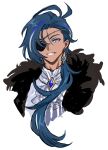  1boy antenna_hair ascot blue_eyes blue_gemstone blue_hair crystal dark-skinned_male dark_skin diamond-shaped_pupils diamond_(shape) earrings eyepatch fur_trim gem genshin_impact hair_between_eyes highres jewelry kaeya_(genshin_impact) long_hair looking_at_viewer male_focus multicolored_hair ponytail shirt simple_background smile solo symbol-shaped_pupils teeth towa_(10_wa) two-tone_hair upper_body white_ascot white_background white_shirt 