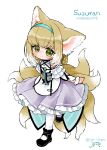 1girl animal_ear_fluff animal_ears arknights artist_name black_footwear blonde_hair blue_hairband blush braid braided_hair_rings closed_mouth clothing_cutout colored_tips commentary_request dress fox_ears fox_girl fox_tail frilled_dress frilled_sleeves frills full_body green_eyes hair_rings hairband highres kitsune kitsune_(con_1draw) kyuubi looking_at_viewer multicolored_hair multiple_tails pantyhose purple_dress short_hair short_sleeves shoulder_cutout simple_background smile solo suzuran_(arknights) tail torn_clothes torn_pantyhose twin_braids twitter_username two-tone_hair white_background white_hair white_pantyhose wrist_cuffs 