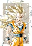  1boy blonde_hair blue_shirt character_request clenched_hands dragon_ball electricity green_eyes halo highres jumpsuit kakeru_(dbskakeru) long_hair looking_at_viewer looking_to_the_side muscular muscular_male orange_jumpsuit shirt simple_background sleeveless solo spiky_hair toriyama_akira_(style) upper_body 