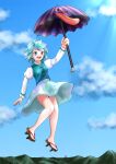  1girl blue_eyes blue_hair blue_skirt blue_sky blue_vest brown_footwear clouds commentary_request cross-laced_clothes full_body geta heterochromia highres holding holding_umbrella juliet_sleeves karakasa_obake kyabekko long_sleeves mountainous_horizon open_mouth outdoors puffy_sleeves purple_umbrella red_eyes shirt short_hair skirt sky smile solo tatara_kogasa teeth tongue torii touhou umbrella upper_teeth_only variant_set vest white_shirt 