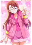  1girl asymmetrical_bangs brown_hair cowboy_shot dated earrings foreshortening grin hanzou highres hijiri_ageha hirogaru_sky!_precure hood hood_down hoodie jacket jewelry light_particles long_hair long_hoodie long_sleeves looking_at_viewer one_eye_closed open_clothes open_jacket pink_background pink_hoodie pink_jacket precure shadow smile solo sparkle standing stud_earrings twitter_username v violet_eyes 