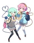  2girls ;d alternate_costume bag black_bow black_hairband black_thighhighs blue_necktie blue_sweater blush bow brown_footwear character_name collared_shirt cup disposable_cup drinking_straw drinking_straw_in_mouth full_body green_eyes green_hair hair_bow hair_ornament hairband heart heart_hair_ornament heart_of_string highres holding holding_bag holding_cup komeiji_koishi komeiji_satori long_sleeves miz_(mizillustration) multiple_girls necktie no_headwear one_eye_closed open_mouth paper_bag pink_eyes pink_hair red_eyes school_uniform shirt shoes short_hair siblings simple_background sisters sleeve_cuffs smile sweater thigh-highs third_eye touhou w white_background white_shirt white_thighhighs yellow_bow yellow_necktie yellow_sweater 