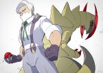  1boy absurdres beard clenched_hand collared_shirt commentary_request drayden_(pokemon) facial_hair gem gloves green_gemstone green_ribbon haxorus highres holding holding_poke_ball male_focus mira_(miramita8727) neck_ribbon pants poke_ball pokemon pokemon_(creature) pokemon_(game) pokemon_bw ribbon shirt short_hair simple_background suspenders white_background white_hair white_shirt yellow_eyes 