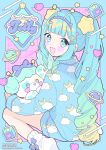  :d absurdres antennae blue_eyes blue_hair blue_pajamas commission commissioner_upload drill_hair highres holding jelly_hoshiumi osaknapocket pajamas pastel_colors phase_connect print_pajamas sitting skeb_commission smile socks star_(symbol) stuffed_animal stuffed_toy twin_drills wariza 