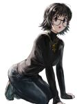  1girl black-framed_eyewear black_hair breasts cross cross_necklace denim glasses highres hunter_x_hunter jeans jewelry long_sleeves looking_at_viewer necklace pants raberu_ruru shizuku_murasaki short_hair simple_background solo sweater turtleneck 