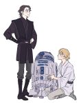  1girl 2boys anakin_skywalker android boots droid expressionless father_and_son happy highres jedi luke_skywalker multiple_boys r2-d2 robot scar scar_across_eye simple_background skdlfjgrp smile star_wars star_wars:_a_new_hope star_wars:_revenge_of_the_sith time_paradox white_background 