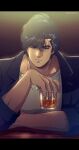  1boy absurdres alcohol black_eyes black_hair black_jacket city_hunter closed_mouth collarbone cup drink eyebrow_cut fingernails highres holding holding_cup holding_drink ice ice_cube jacket jewelry leaning_on_table letterboxed light_particles male_focus muscular muscular_male necklace saeba_ryou shirt short_hair sitting solo twitter_username white_shirt yuu_(masarunomori) 
