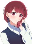  1girl absurdres arima_kana black_sweater_vest blush bob_cut chouchou_aile closed_mouth hand_in_own_hair highres inverted_bob looking_at_viewer oshi_no_ko red_eyes redhead shirt short_hair simple_background solo sweater_vest upper_body white_background white_shirt 