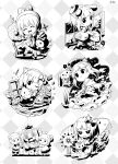  6+girls akirarec animal animal_ears arima_kana blush bob_cut cat chibi cinnamoroll closed_eyes closed_mouth dog dress full_body greyscale hair_ribbon hello_kitty_(character) highres inverted_bob kuromi little_twin_stars looking_at_viewer monochrome multiple_girls my_melody one_eye_closed open_mouth oshi_no_ko pompompurin rabbit ribbon short_hair smile star_(symbol) 