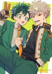  2boys alternate_hair_color bakugou_katsuki belt belt_buckle black_belt black_shirt blonde_hair boku_no_hero_academia bright_pupils buckle buttons collared_shirt colored_eyelashes dress_shirt freckles gloves green_background green_hair green_jacket green_pants green_suit grey_shirt hand_in_pocket hand_up high_collar highres jacket lapels leaning_forward leg_up long_sleeves looking_at_viewer looking_to_the_side male_focus midoriya_izuku multicolored_hair multiple_boys necktie necktie_grab neckwear_grab notched_lapels official_alternate_costume open_collar open_mouth orange_necktie outside_border pants pixiv_id pixiv_logo pose_request purple_hair red_eyes shirt short_eyebrows short_hair side-by-side sideways_glance slit_pupils spiky_hair streaked_hair suit twitter_logo twitter_username ume_(326310) v v-shaped_eyebrows white_pupils wing_collar 