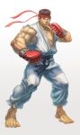  1boy barefoot bingoman black_hair boxing_gloves clenched_hands dougi fighting_stance forked_eyebrows full_body headband highres looking_to_the_side male_focus muscular muscular_male pectoral_cleavage pectorals red_headband ryu_(street_fighter) short_hair solo standing street_fighter thick_eyebrows veins veiny_arms 