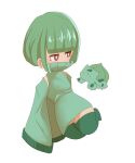  1girl absurdres blunt_bangs bob_cut bright_pupils bulbasaur chibi claws creature_and_personification detached_sleeves dress eyelashes green_dress green_hair green_thighhighs highres liauditore long_sleeves mixed-language_commentary pokemon red_eyes short_hair sleeves_past_fingers sleeves_past_wrists thigh-highs transparent_background turtleneck_dress white_pupils 